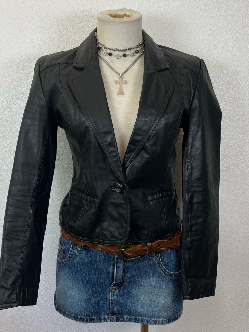 Black Leather Single-Button Blazer Jacket